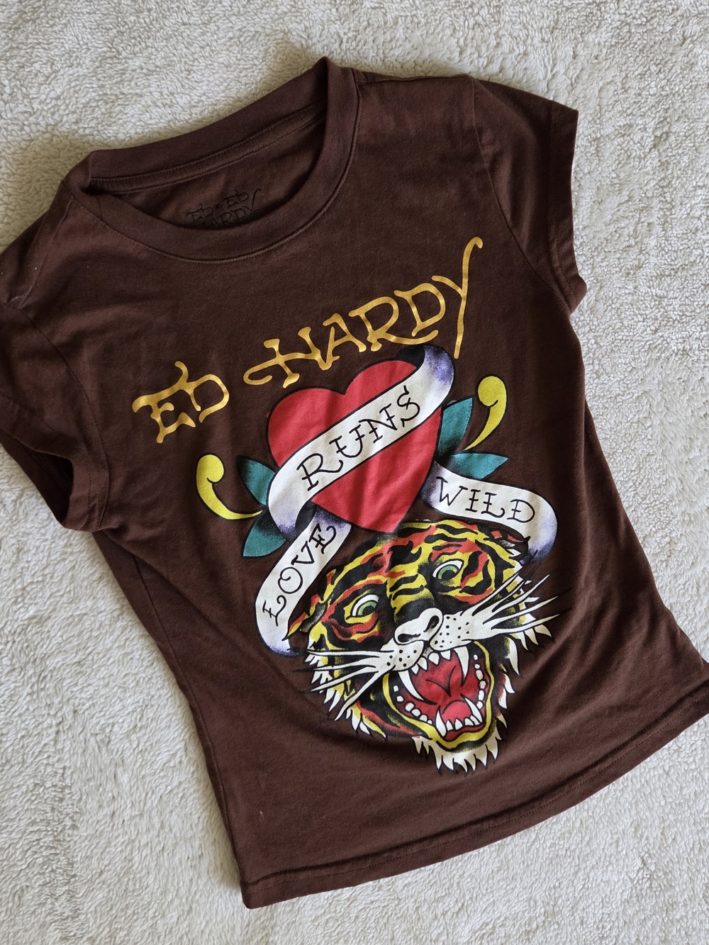 Vintage Ed Hardy Brown Tiger Graphic Tee Y2K Love Runs Wild Tattoo Tee size S
